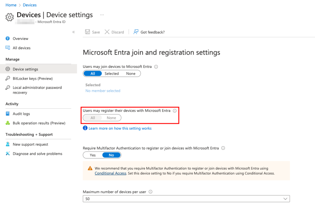 Allow Users to Register Devices Disabled