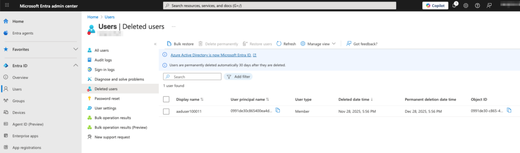 Deleted users in the Microsoft Entra admin center