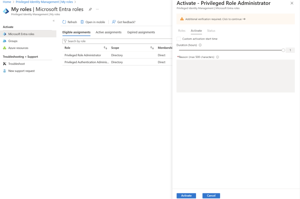 PIM role settings with activation duration limited, approval required, and MFA enforced (source)
