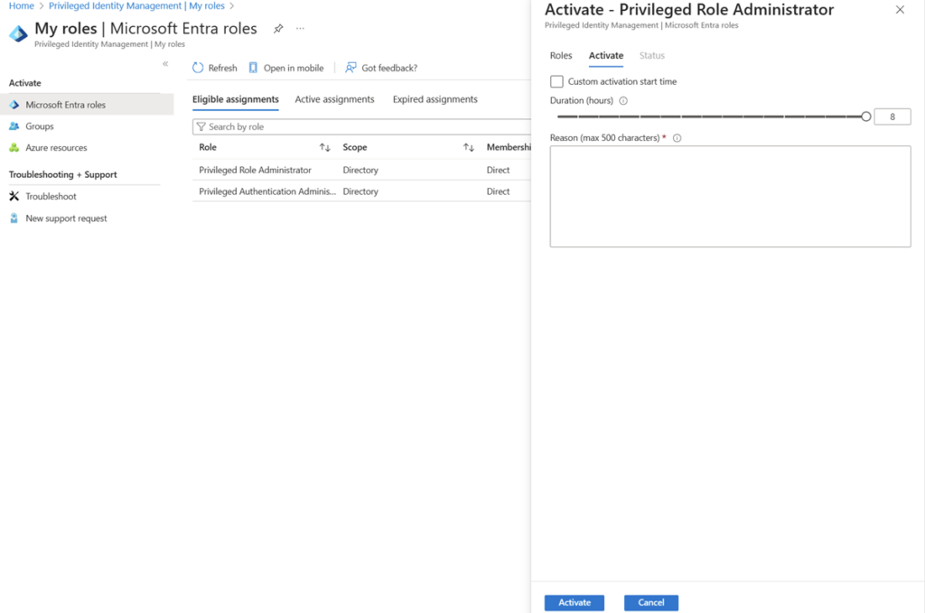 PIM activation form where the user sets activation time and enters justification. (Source)