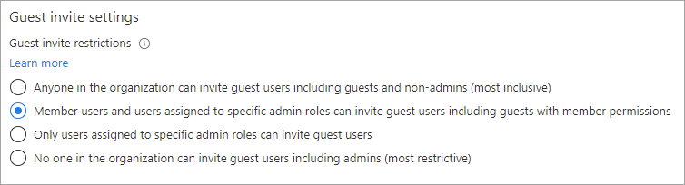 Settings panel for choosing which roles or users are allowed to send guest invitations in Entra ID. (Source)