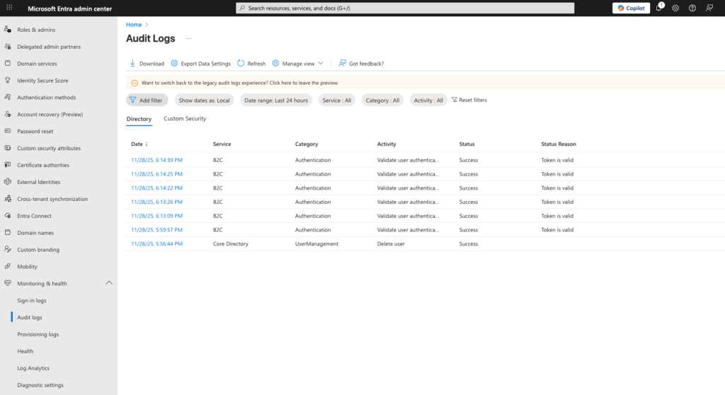 Audit logs in the Microsoft Entra admin center