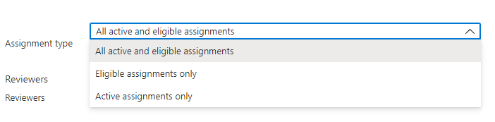 Options for selecting if the review targets eligible, active, or all privileged assignments. (Source)