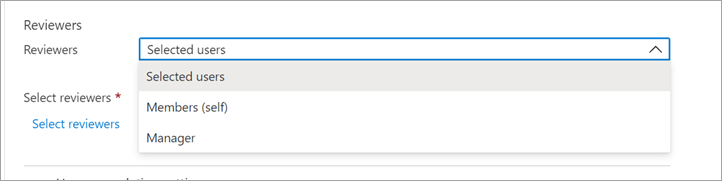 Screen for assigning who will review access, including specific users, self, or manager. (Source)
