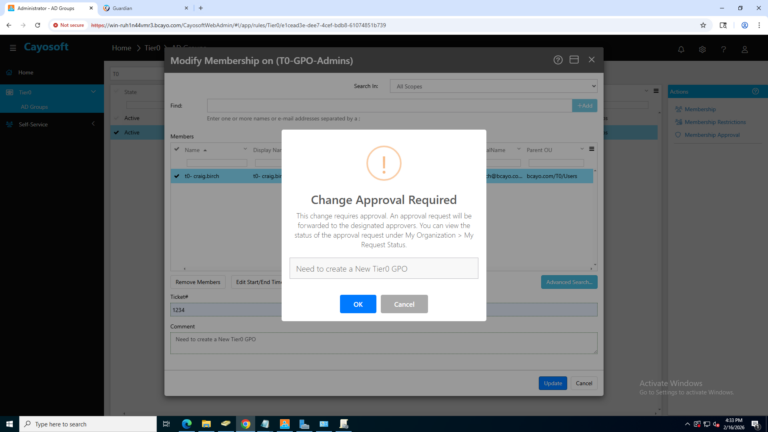 Governance before change: Cayosoft Administrator controls access to Group Policy management through approved, time bound group membership.