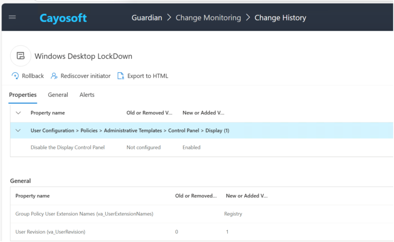 Group Policy Setting Details Before and After in Cayosoft Guardian
