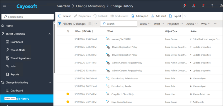 Cayosoft Guardian change history logs Intune and Entra ID changes, improving Intune security and identity resilience.