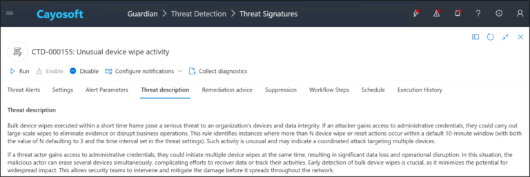 Cayosoft Guardian threat detection in Intune alerts of Intune bulk device and unusual wipe activities to improve Intune security.