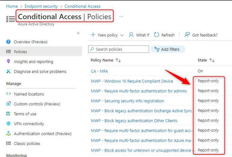 Example view of conditional access policies showing report-only state. (Source)