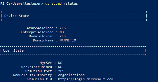 Example output of the dsregcmd /status command