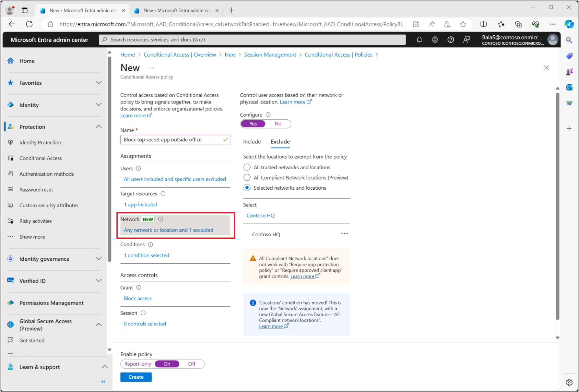 Conditional Access policy showing MFA requirement with trusted location exclusion (Source)