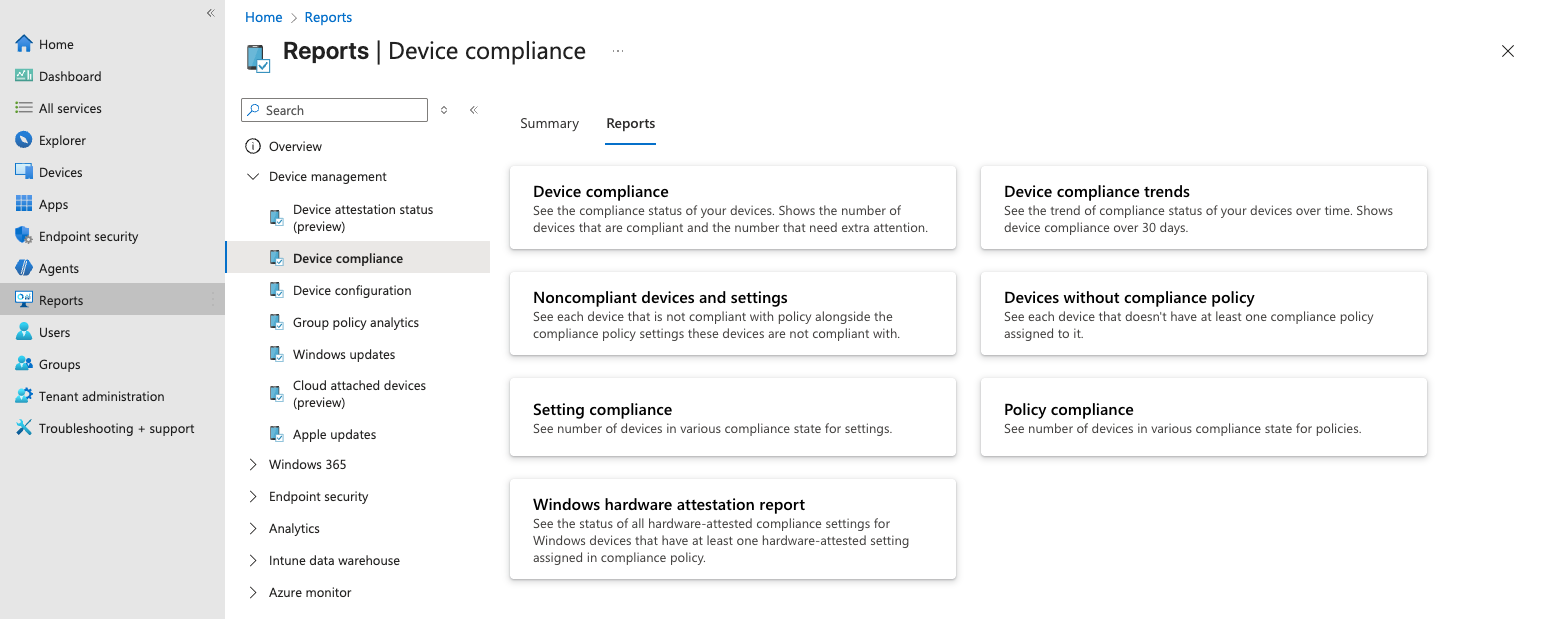 Pre-defined device compliance reports