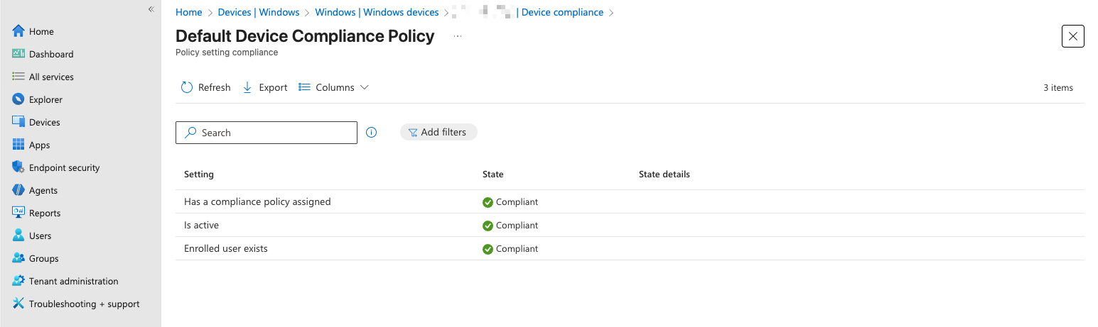 Default device compliance policy settings status