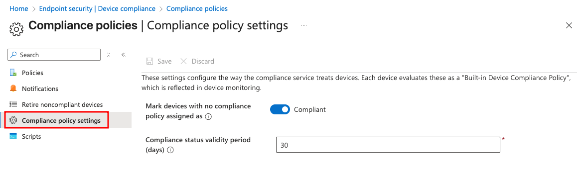 Default compliance policy settings in Device compliance