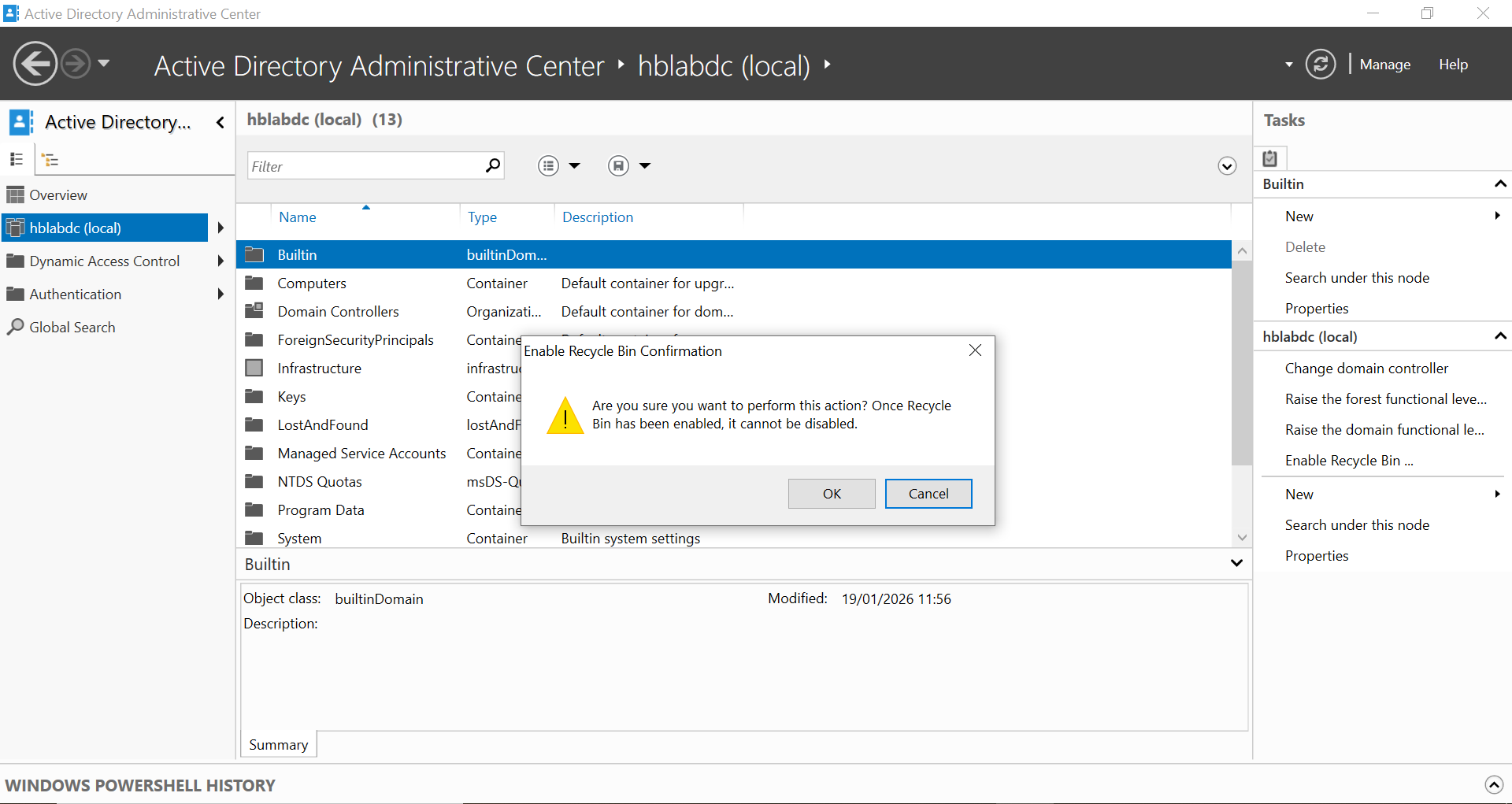 To enable the recycle bin, click on the Task pane, then select Enable Recycle Bin and click OK when the warning message appears. It is important to note that once you click OK, the recycle bin cannot be disabled.