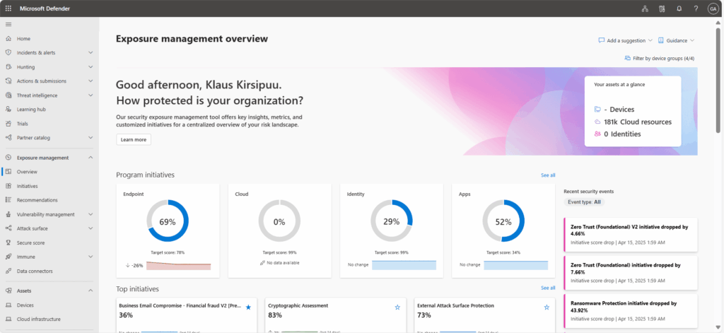 Exposure management dashboard showing Identity Secure Score. (Source)