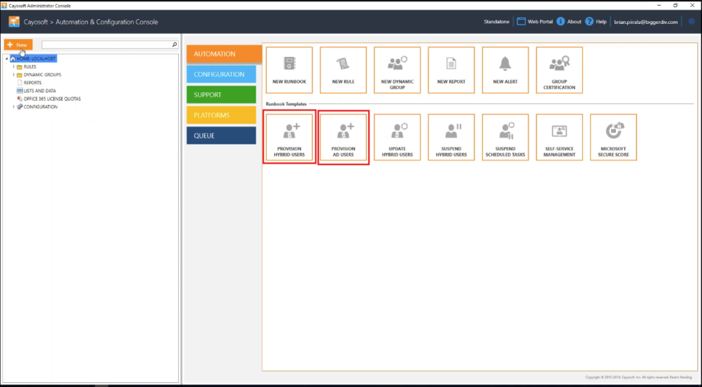 Cayosoft Administrator dashboard showing runbooks template for lifecycle management