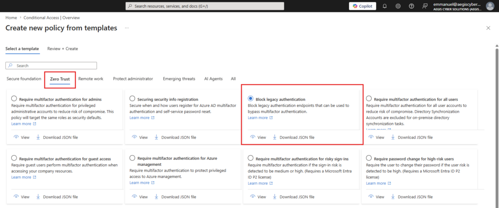 Creating a conditional access policy to block legacy authentication