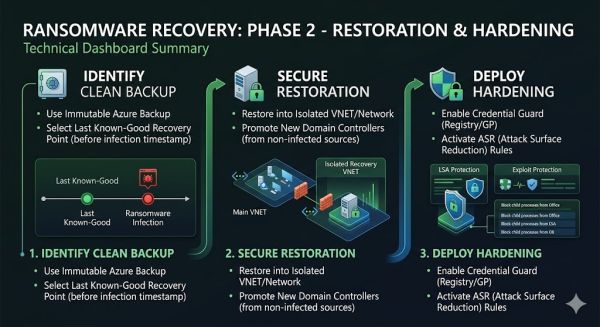 The three-phase restoration sequence: identify a pre-compromise clean backup, complete secure restoration in an isolated recovery network, and deploy hardening controls before reconnecting to production.