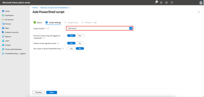 Selecting the script location and other settings