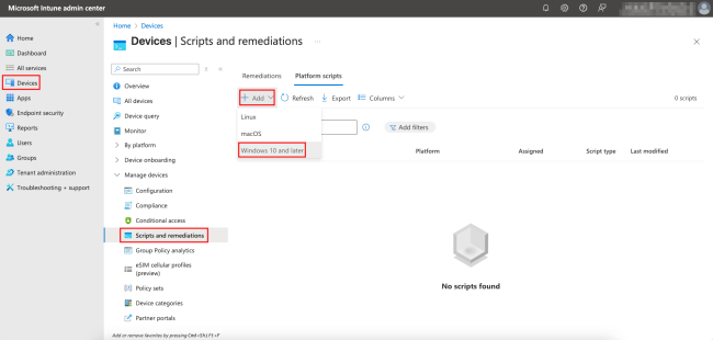 Navigating to the Scripts and remediations section